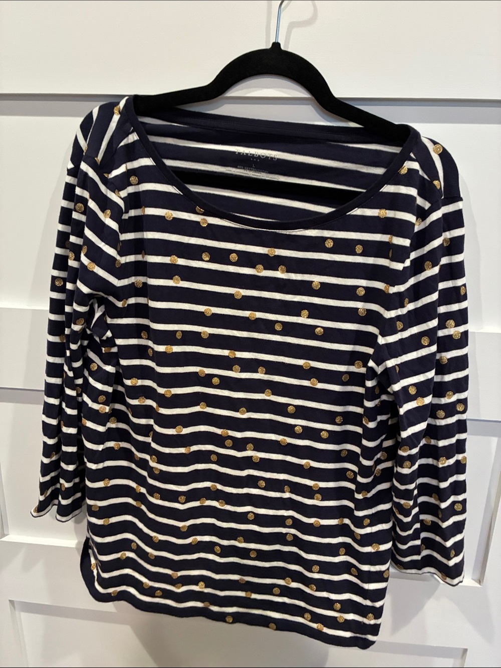 Talbots Navy and White Striped Long Sleeve Top with Gold Dot Detail